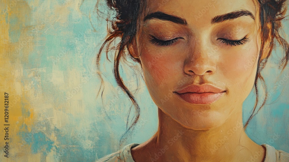 Wall mural Close-up Portrait of a Young Woman with Eyes Closed