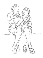2 young women in skirts sitting and using phones. Addiction. Continuous line drawing. Black and white vector illustration in line art style.