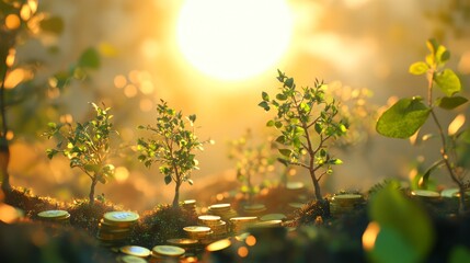 Obraz premium Money Growth Concept, Sunlight and Coins, Nature and Finance, Wealth Visualization