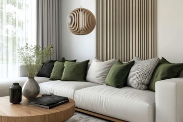 Chic living space characterized by comfortable furnishings.