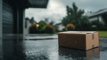 Soggy Delivery Box on Suburban Doorstep under Dark Clouds