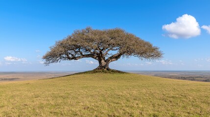 Obraz premium Lone tree savanna landscape, clear sky, peaceful nature scene, ideal for travel brochures