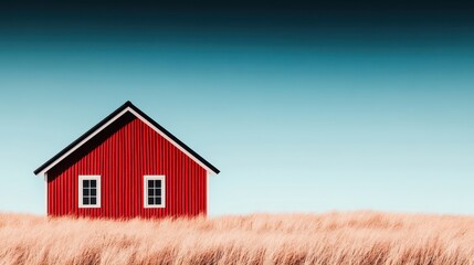 Obraz premium A vibrant red house stands prominently amidst a lush field of tall grass under a clear sky.