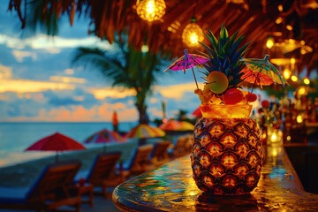 Fototapeta premium Vibrant tiki cocktail served in a pineapple at a tropical beach bar during sunset