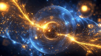 Obraz premium Abstract cosmic background with glowing gold and blue particles, highly detailed, celestial and vibrant, dynamic and serene, cosmic and magical, striking and captivating atmosphere