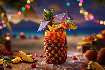 Vibrant tiki cocktail served in a pineapple with colorful decorations at a beachside gathering during sunset