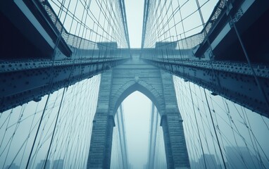 Obraz premium Aerial view of a majestic bridge featuring an impressive tall tower, showcasing intricate design and engineering marvel against a scenic backdrop.