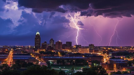 Obraz premium A dramatic storm unfolds over the city skyline, where vibrant lights glimmer beneath swirling thunderclouds.