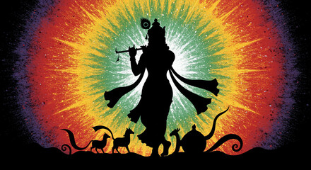 Lord Krishna Silhouette Playing Flute with Vibrant Light Rays