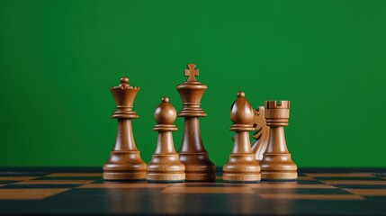 Classic Chess Pieces on Board Against Green Background Showing Strategy
