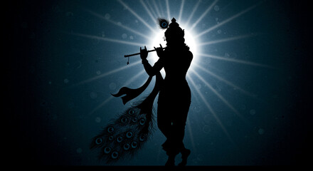 Lord Krishna Silhouette with Divine Light and Flowing Scarf