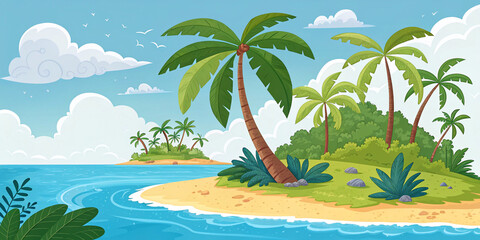 Obraz premium Charming Cartoon Tropical Island with Palm Trees in a Whimsical Style