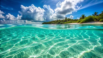 Obraz premium Crystal-Clear Turquoise Lagoon, White Sand Beach, Tropical Paradise, Macro Photography