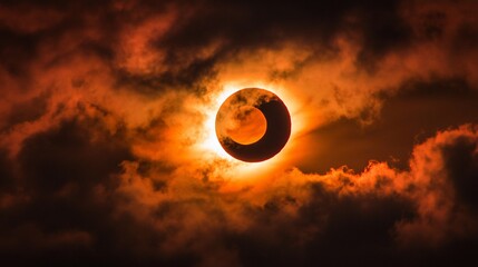 Obraz premium Solar eclipse phenomena, dark circle in the sky with cloudy and sun rays around it