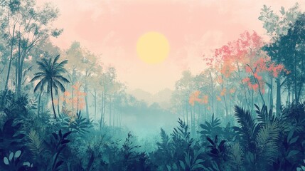 Obraz premium Serene Sunrise Over Lush Tropical Forest