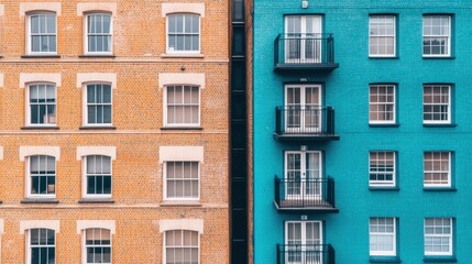 Fototapeta premium Two distinct buildings in vibrant blue and orange shades stand side by side, showcasing a striking contrast in color and architectural design.