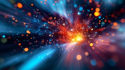 Fototapeta premium Abstract cosmic background with glowing particles and bokeh lights, deep blue and vibrant, highly detailed, dynamic and serene, celestial and beautiful, captivating and magical atmosphere