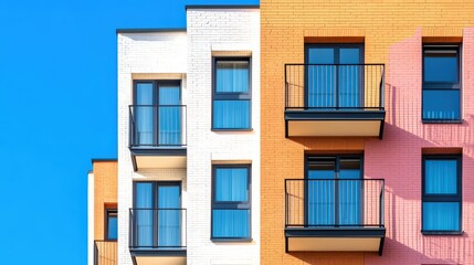 Fototapeta premium Vibrant apartment buildings showcase multiple balconies, creating a lively urban scene filled with color and architectural diversity.