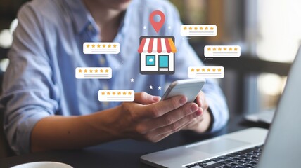 Person holds smartphone showing store map with star ratings