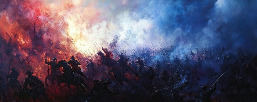 A painting of the Battle of Gettysburg, soldiers charging across the battlefield, their courage and sacrifice immortalized in history.