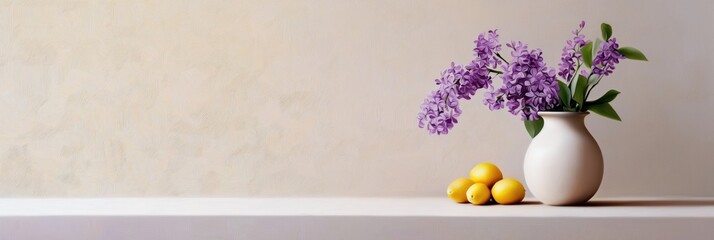 A white vase with purple flowers and a yellow lemon on a shelf. The vase and the flowers are the main focus of the image, while the lemon adds a pop of color and a touch of freshness to the scene