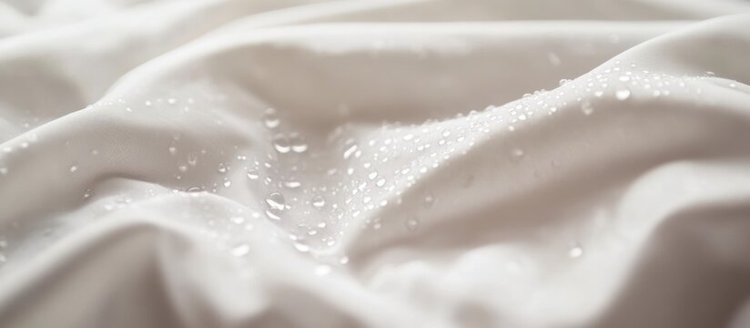 Water droplets on white fabric, close-up.