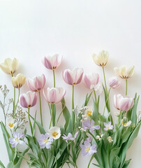 Obraz premium Springtime background with pale tulip flowers border on white background