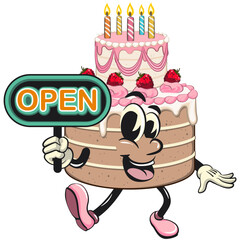 cute birthday and weading tart cake cartoon character mascot showing a sign that says open, work of hand drawn