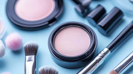 A detailed close-up showcasing various makeup brushes alongside an array of powdered cosmetics, emphasizing texture and color diversity.