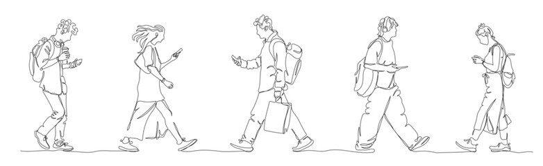 Walking people using phones. Wear dress, skirt, backpack, headset. Side view. Continuous line drawing. Black and white vector in line art style.