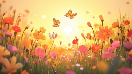 Sunlit Meadow Of Blossoming Flowers And Butterflies