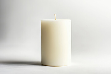 White pillar candle with smooth finish placed on a light surface showcasing simplicity and elegance in a serene setting