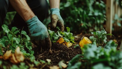 Naklejka premium close-up photo of person in gloves tending to home vegetable garden 