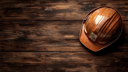 Obraz premium A hard hat rests on a wooden table, symbolizing safety and construction, highlighting its essential role in various work environments.