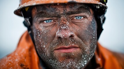 A rugged man wearing a helmet and an orange jacket, with snowflakes adorning his face, exudes resilience in a winter landscape.