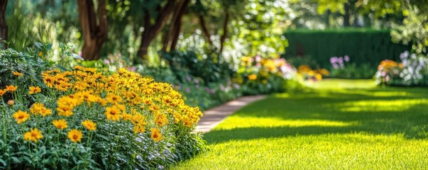Obraz premium Yellow chrysanthemums blooming in a vibrant garden filled with sunny blossoms The rich yellow color creates a warm and inviting atmosphere, perfect for spring or summer