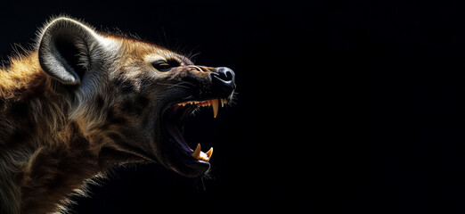 Naklejka premium furious angry wild predator hyena with mouth open isolated on dark background copy space for text 