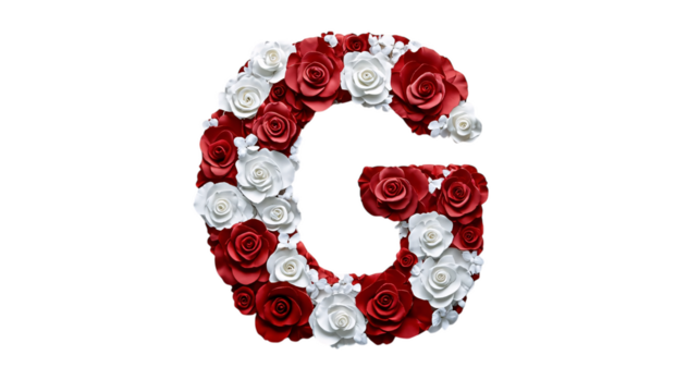 A sophisticated letter 'G' with intricate white and red rose decorations, displayed on a plain white canvas