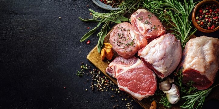 Fresh selection of uncooked meat cuts displayed on a wooden board surrounded by herbs garlic and spices on a dark background positioned top right