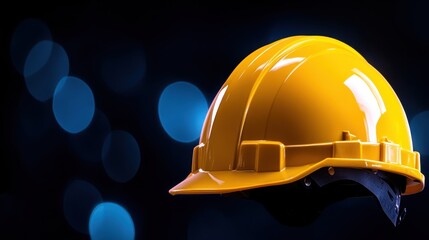 A vibrant yellow hard hat prominently displayed against a sleek black background, emphasizing safety and construction themes.