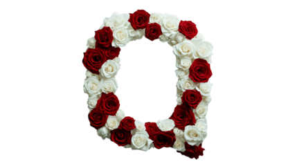 A sophisticated letter 'Q' with intricate white and red rose decorations, displayed on a plain white canvas
