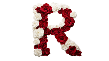 A sophisticated letter 'R' with intricate white and red rose decorations, displayed on a plain white canvas