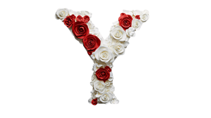 A sophisticated letter 'Y' with intricate white and red rose decorations, displayed on a plain white canvas