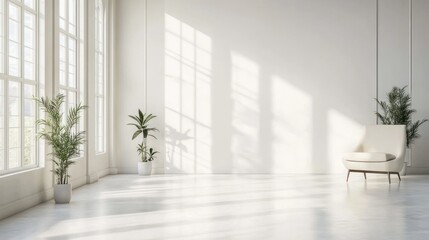 Fototapeta premium Sunlit minimalist white room with armchair and plants.