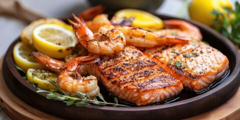 Grilled salmon fillet and prawns on a wooden plate with fresh lemon slices and thyme on a textured background in warm tones.
