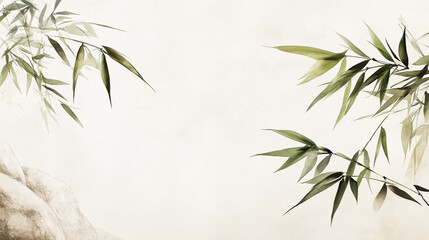 Fototapeta premium Aquarel ink painting of flying bamboo leaves, minimalist, oriental brushwork, light background. Generative AI