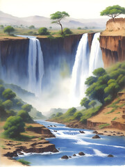 Blue Nile Falls Ethiopia Landscape Painting Illustration Art