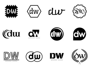DW logo company template. Letter d and w logotype. Set different classic serif lettering and modern bold text with design elements. Initial font typography.