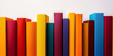 Colorful arranged books in dynamic vertical alignment featuring reds oranges yellows purples and blues on a clean white background