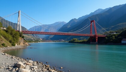 Golden suspension bridge over a calm blue river in mountains